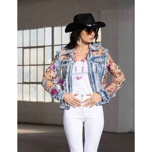 Denim and Lace Embroidered Jacket